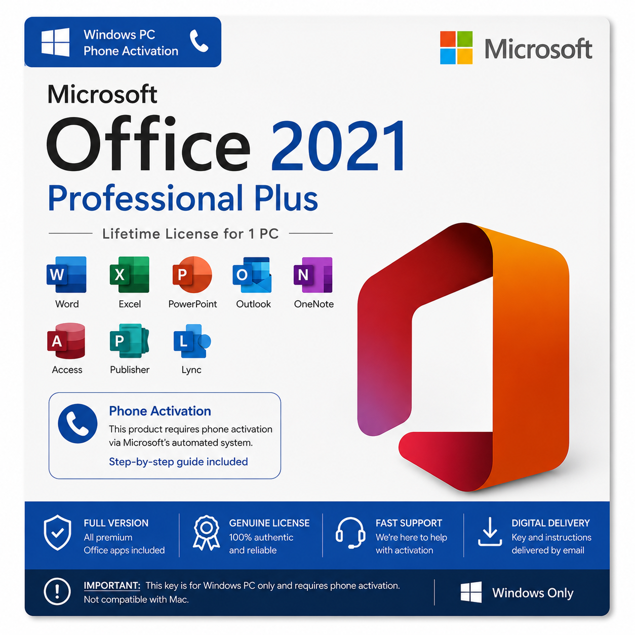 Microsoft Office 2021 Professional Plus – Windows PC | Phone Activation
